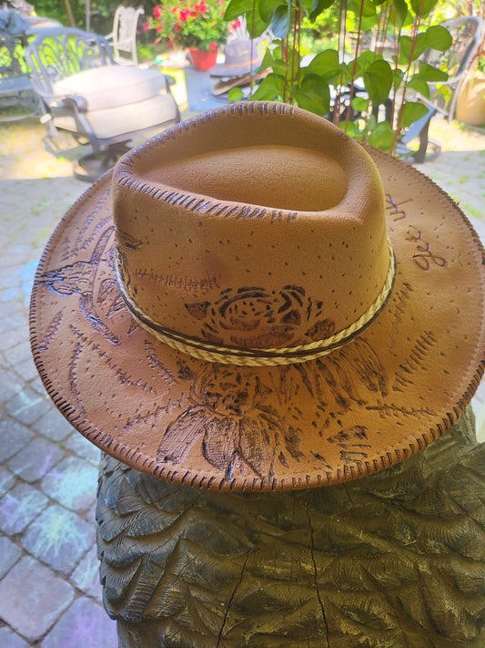 Beautiful Longhorn and Roses Hand burned Cowboy Hat