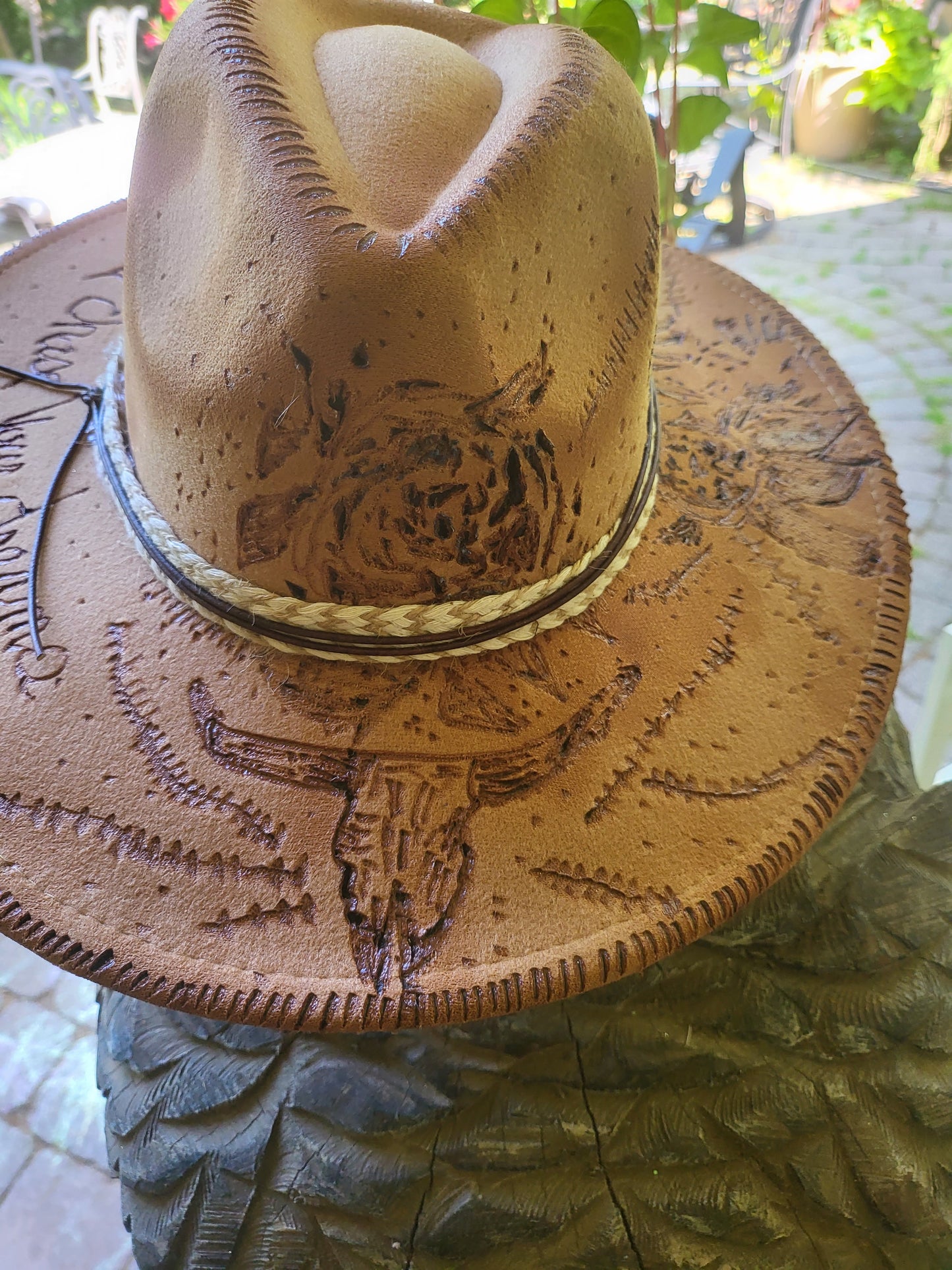 Beautiful Longhorn and Roses Hand burned Cowboy Hat