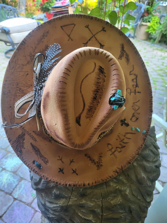 Faith over Fear Hand burned Cowboy Hat with Western Symbols