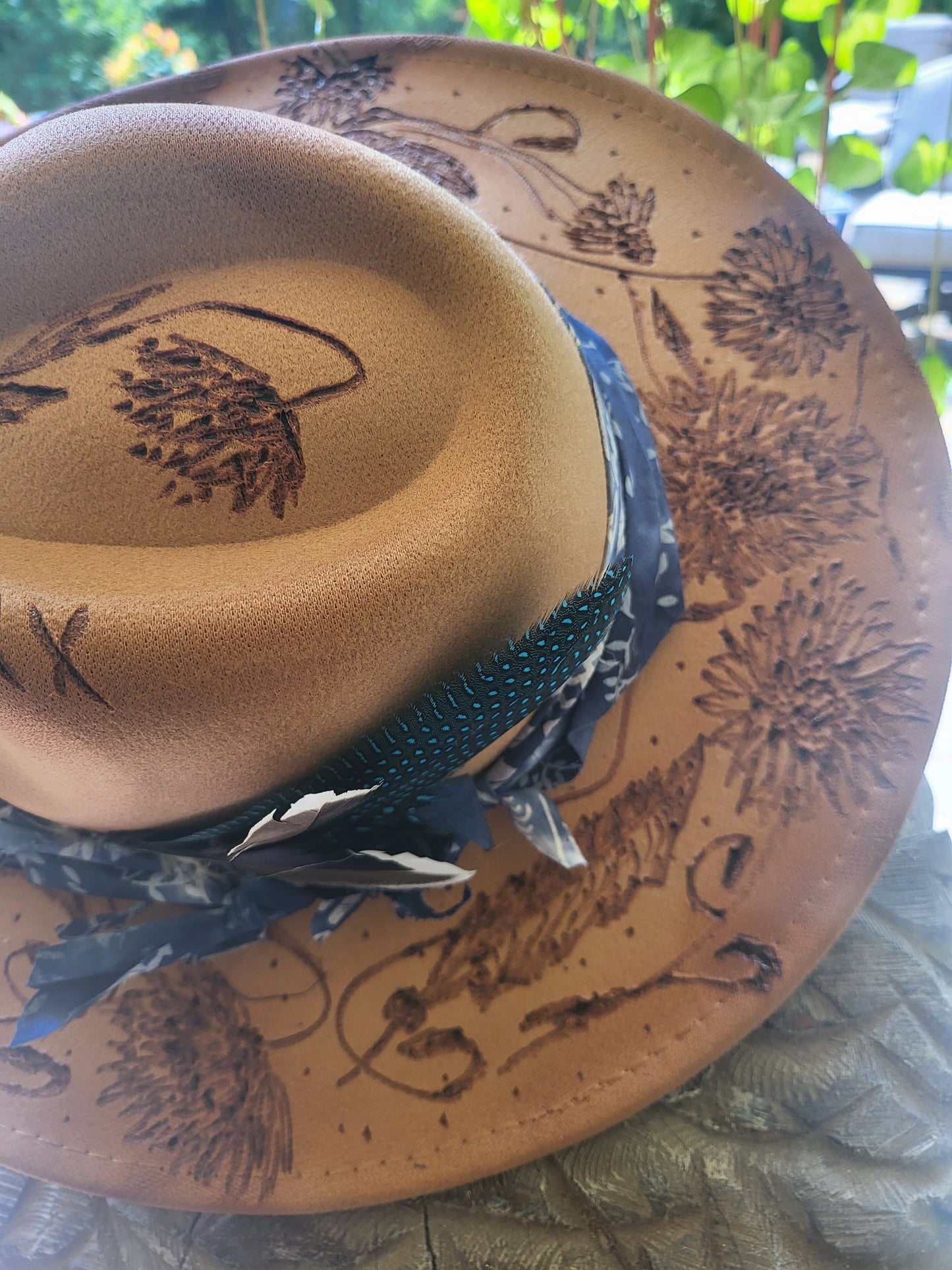Beautiful Hand Burned  Long Horn and Wild Flowers Cowboy hat , Yellowstone, Cowgirl, Fedora