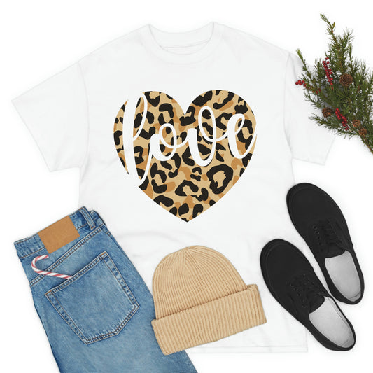 Love Heart Leopard Valentine Tshirt, Heavy Cotton Tee