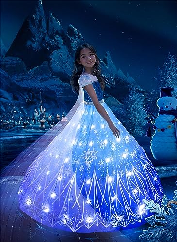 Light Up Princess Costume Dress Girls Halloween Costumes Christmas Little Toddler Ice Clothes Ice Kids Birthday Carnival Party Play Outfit Anna Snow Vestido, Purple Blue, 8-9 Years