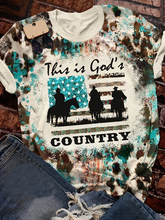 This Is God Country Letter Print T-shirt, Casual Vintage Crew Neck Short Sleeve T-shirt, Women's Clothing