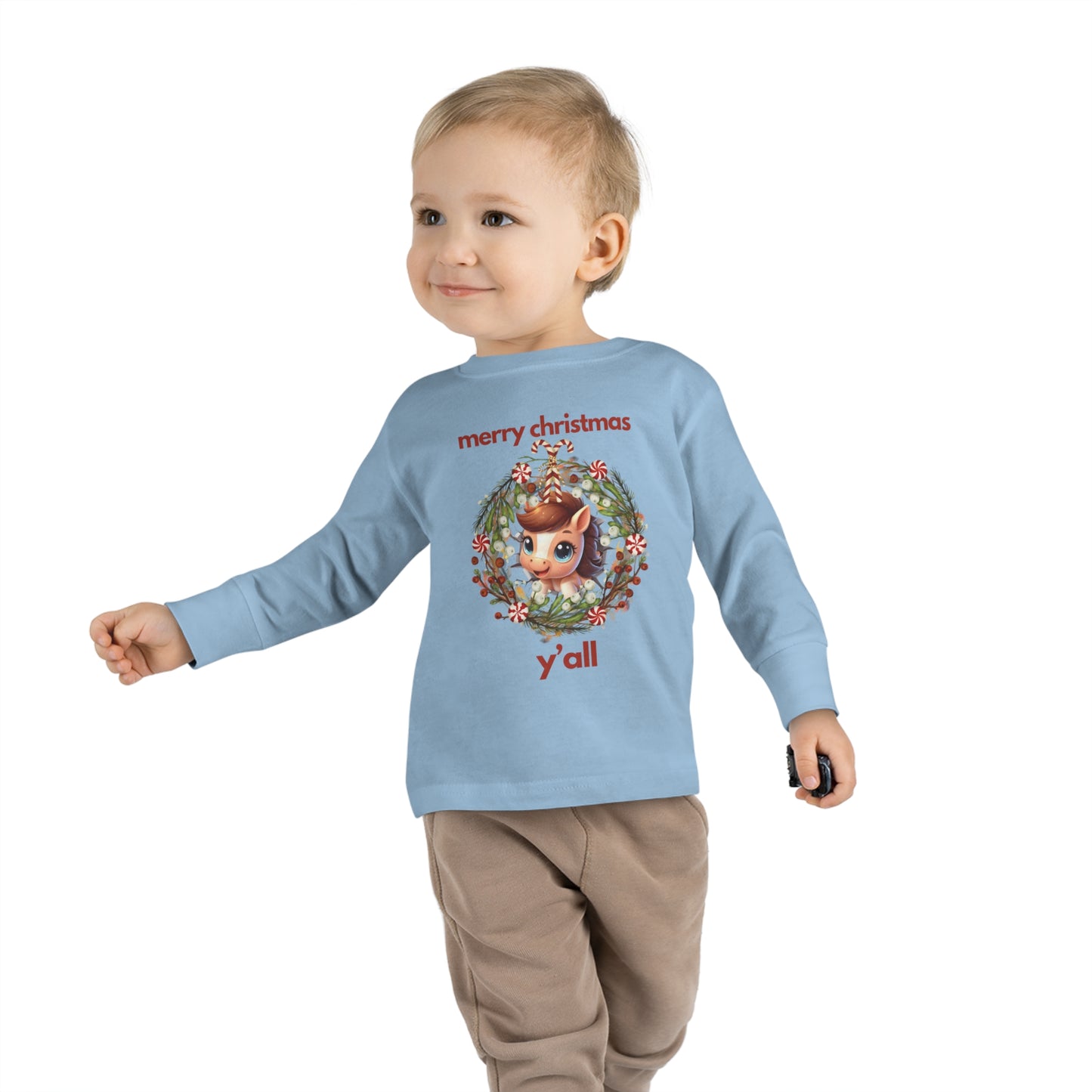 Baby Horse with Wreath Merry Christmas Y'all Toddler Long Sleeve Tee