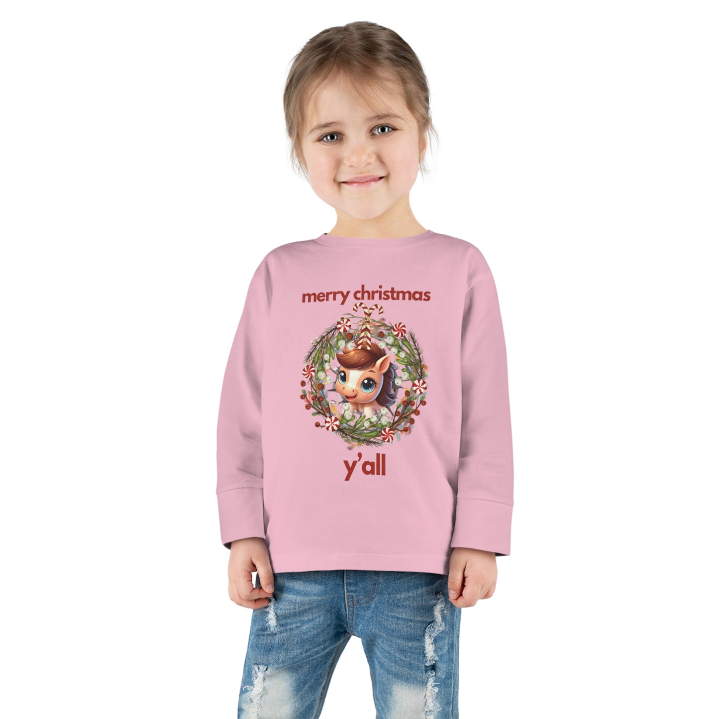 Baby Horse with Wreath Merry Christmas Y'all Toddler Long Sleeve Tee