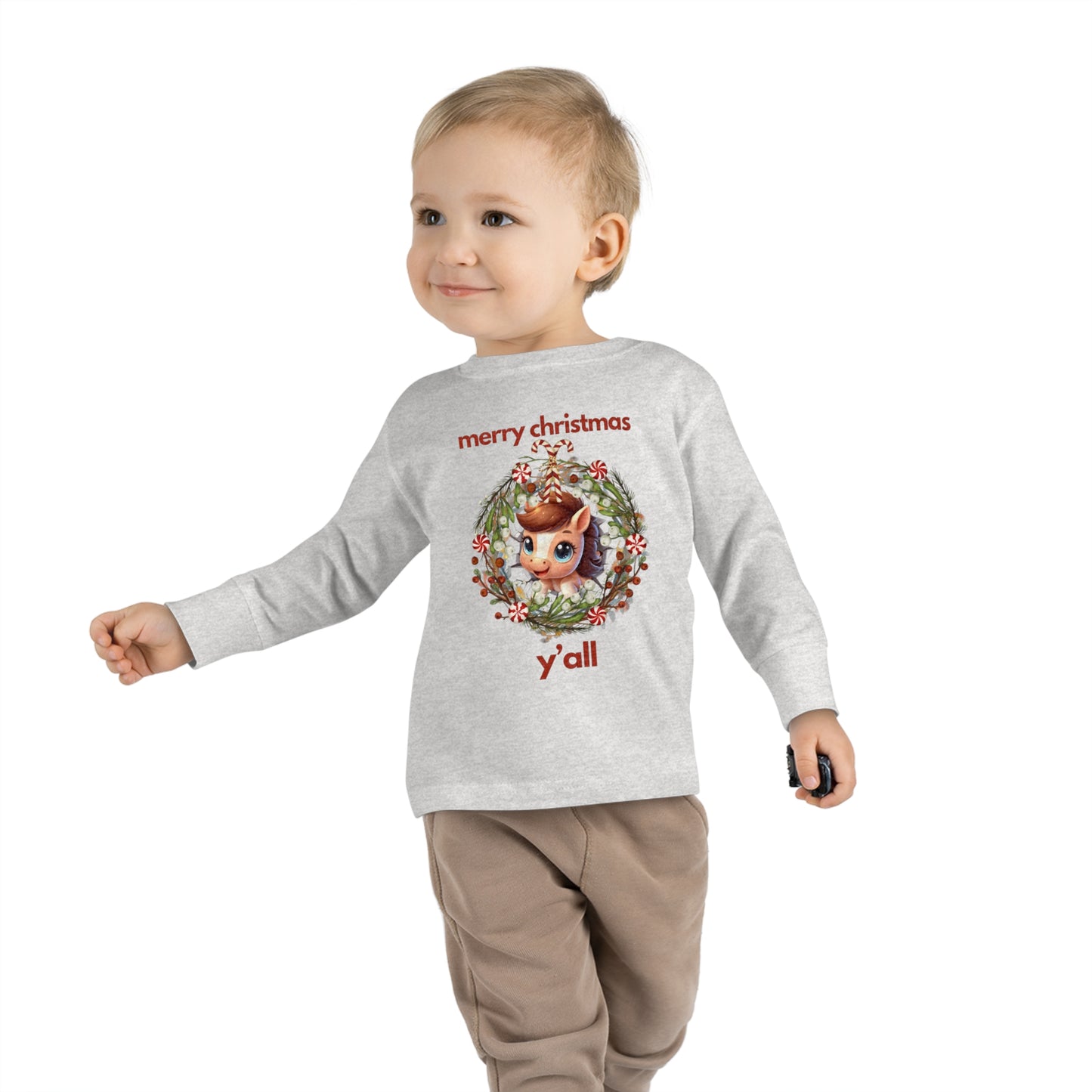 Baby Horse with Wreath Merry Christmas Y'all Toddler Long Sleeve Tee