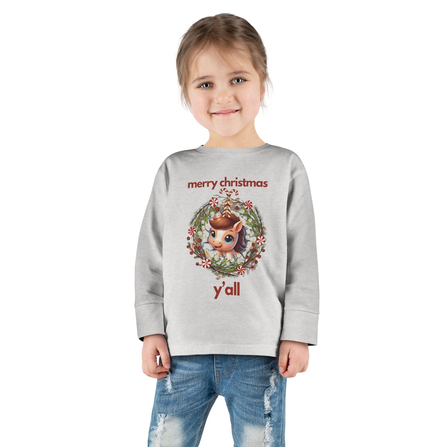 Baby Horse with Wreath Merry Christmas Y'all Toddler Long Sleeve Tee