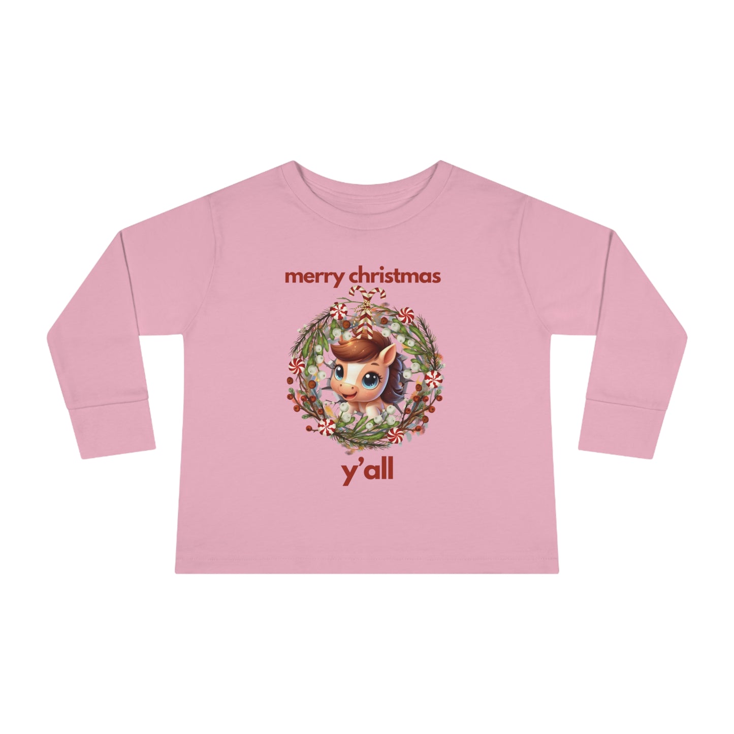 Baby Horse with Wreath Merry Christmas Y'all Toddler Long Sleeve Tee