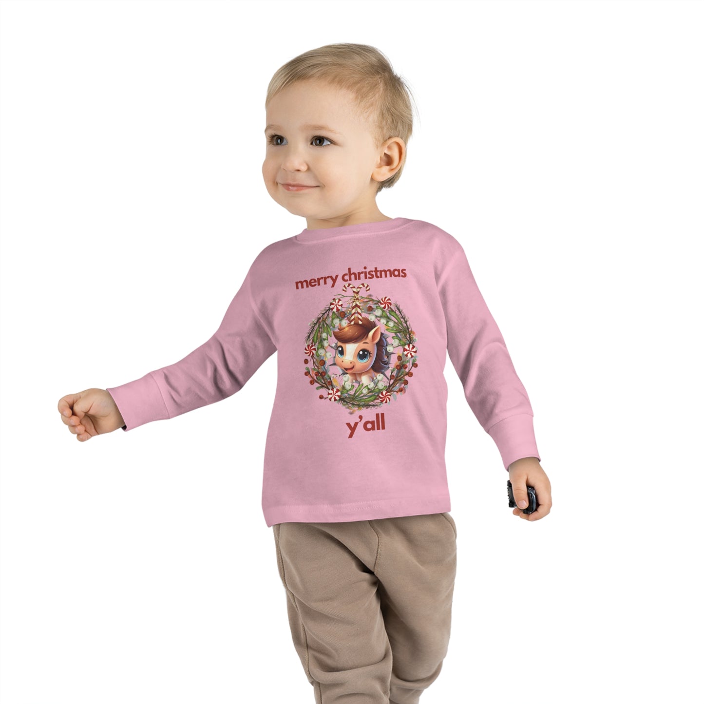 Baby Horse with Wreath Merry Christmas Y'all Toddler Long Sleeve Tee