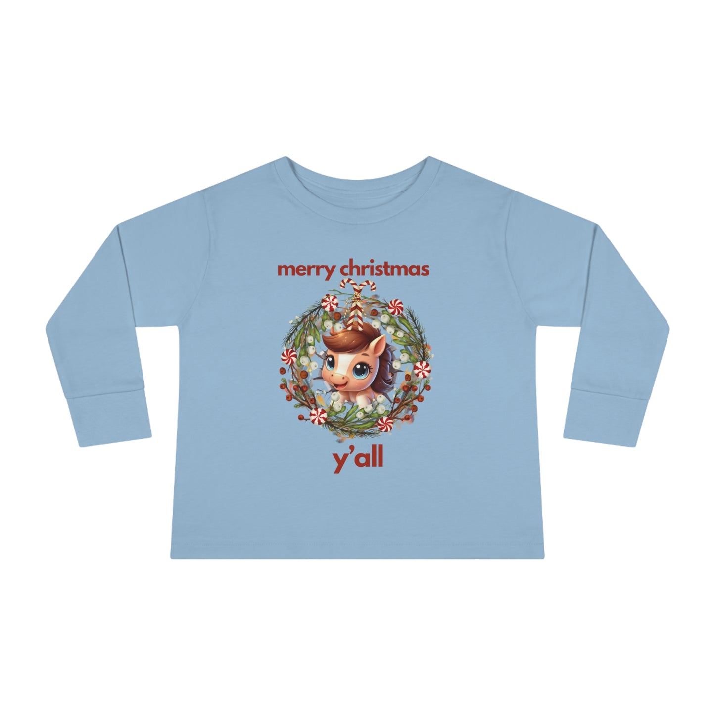 Baby Horse with Wreath Merry Christmas Y'all Toddler Long Sleeve Tee