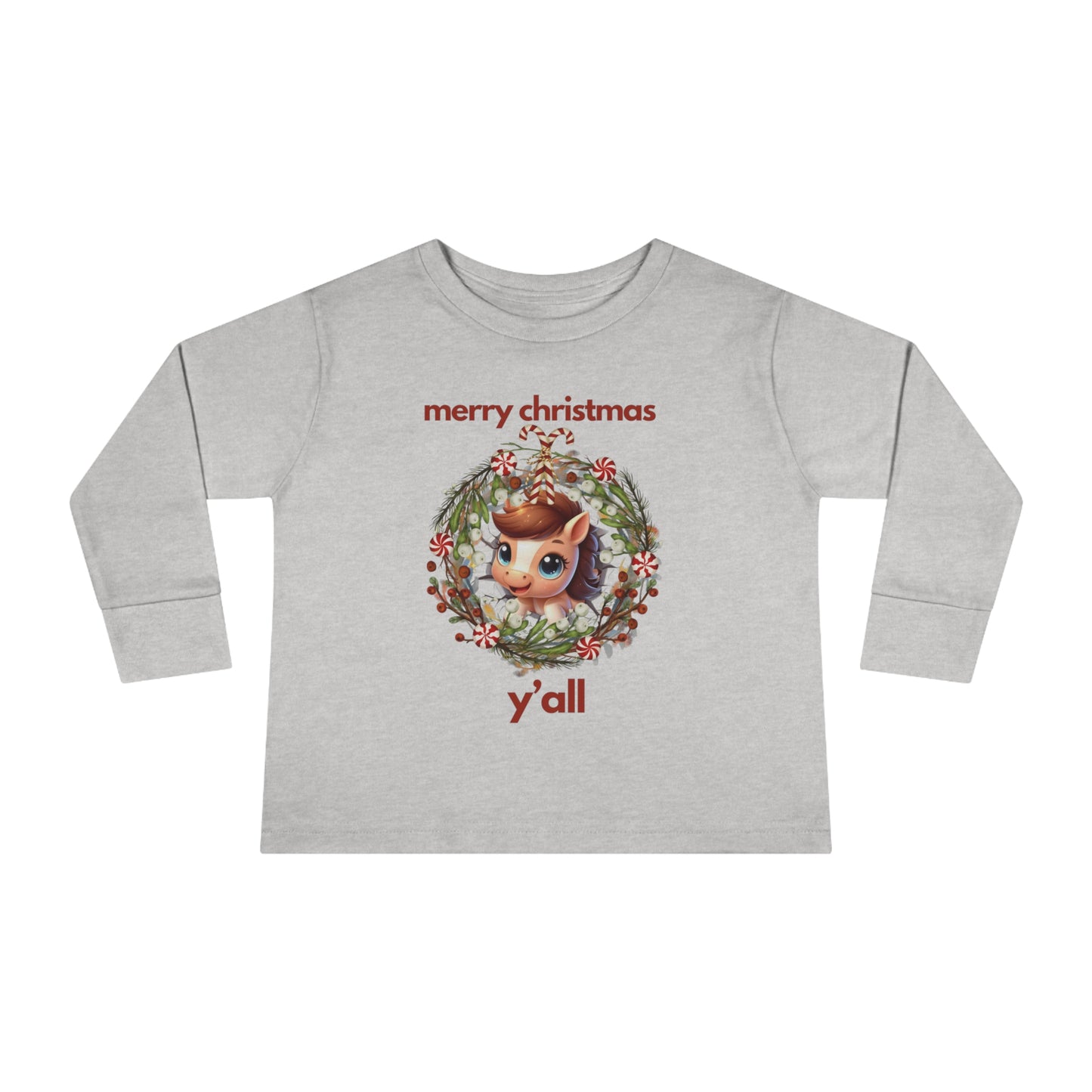 Baby Horse with Wreath Merry Christmas Y'all Toddler Long Sleeve Tee