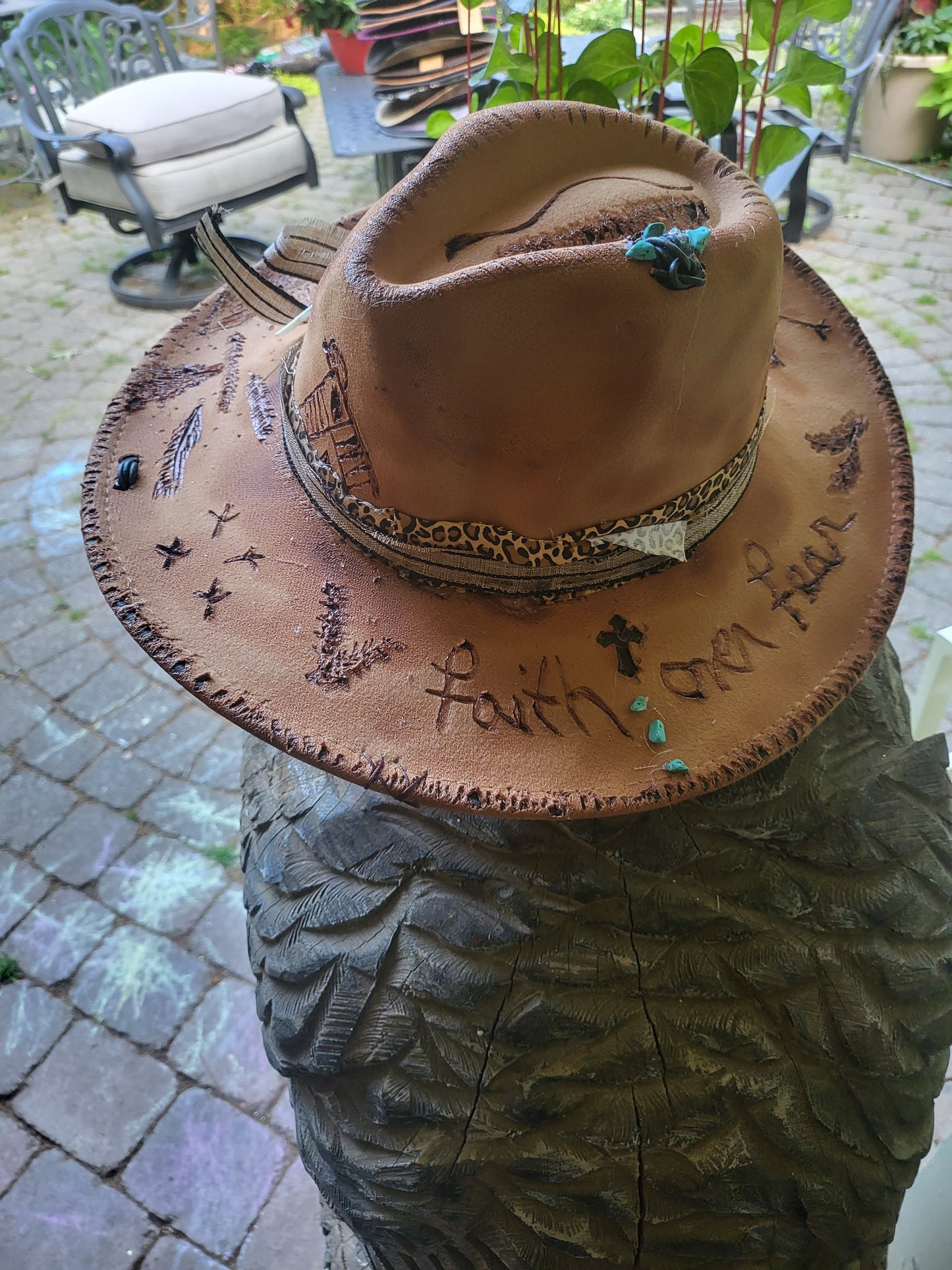 Faith over Fear Hand burned Cowboy Hat with Western Symbols