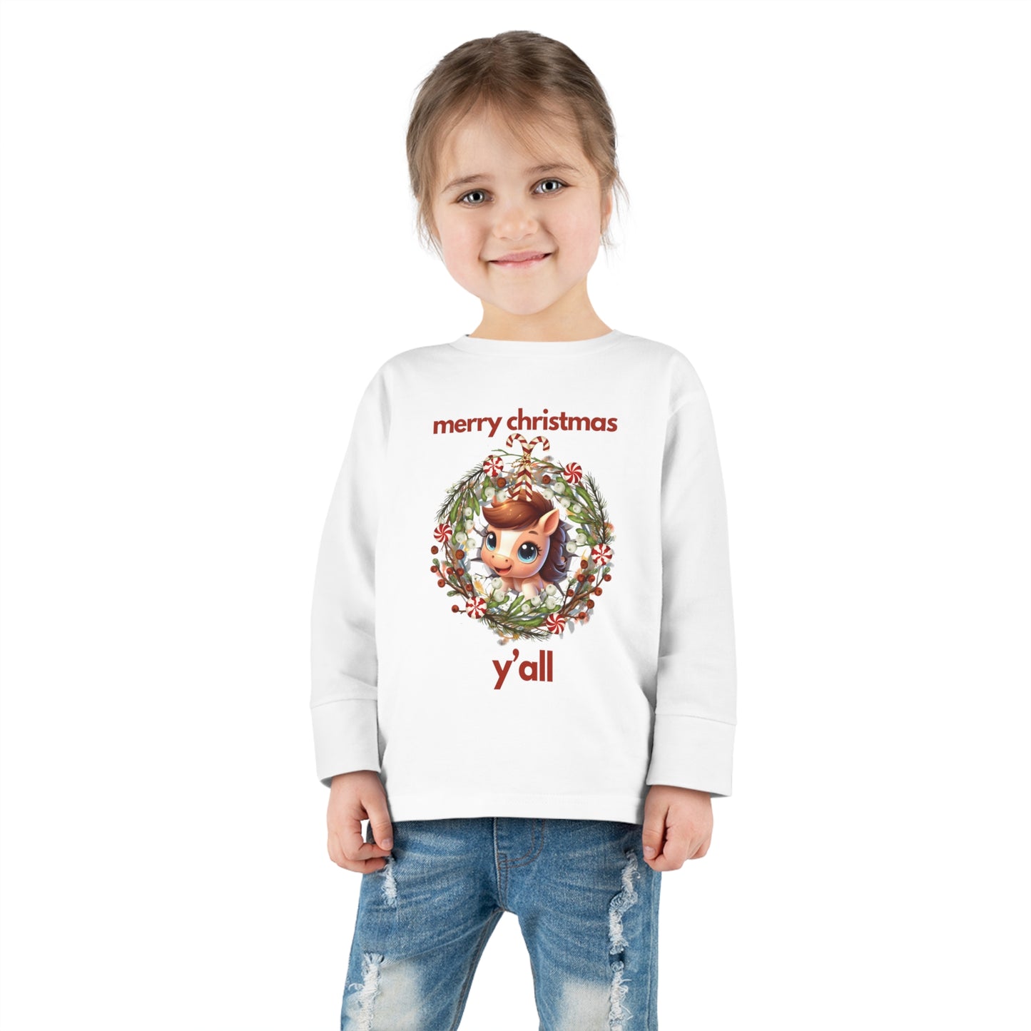 Baby Horse with Wreath Merry Christmas Y'all Toddler Long Sleeve Tee