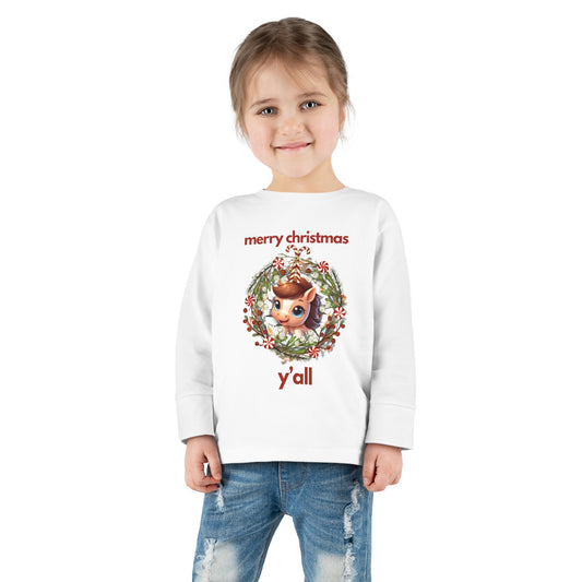 Baby Horse with Wreath Merry Christmas Y'all Toddler Long Sleeve Tee