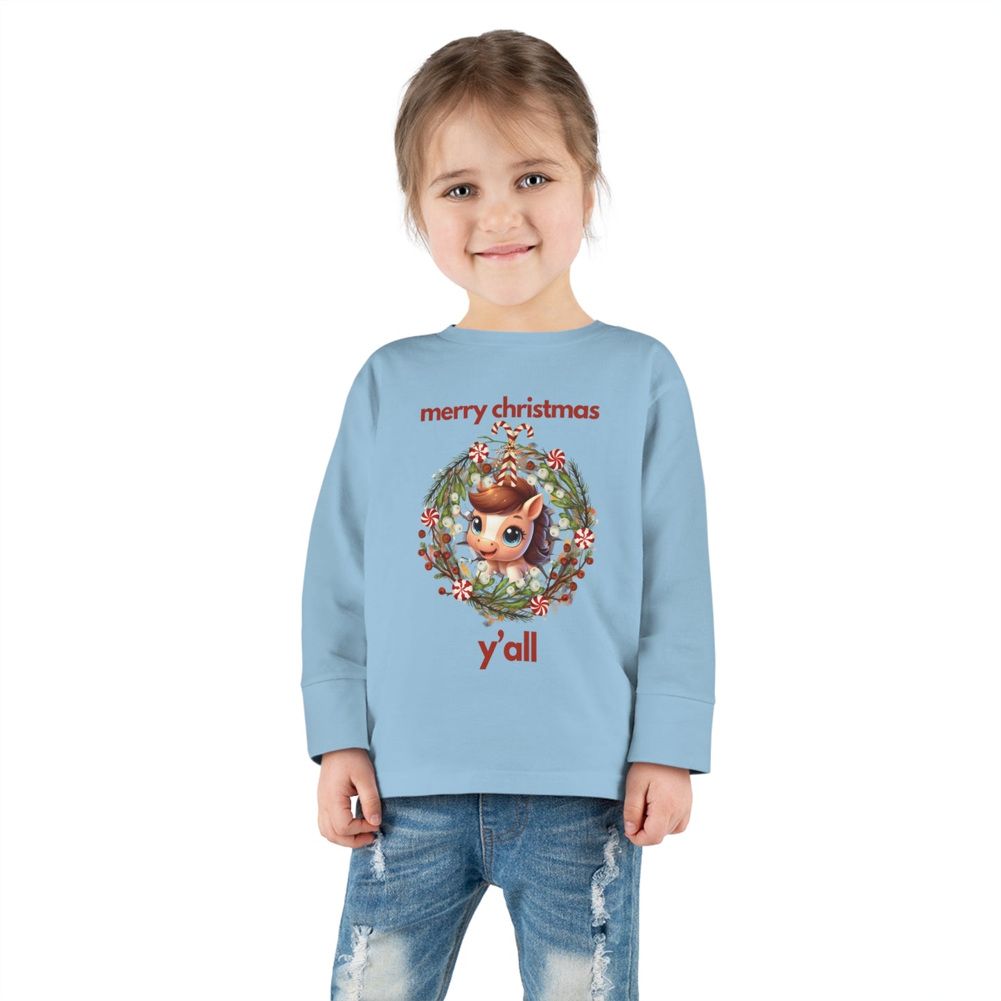 Baby Horse with Wreath Merry Christmas Y'all Toddler Long Sleeve Tee