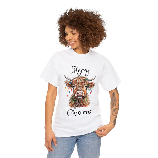 Merry Christmas Highlander cow with lights, Christmas Gift, Farm animal shirt,