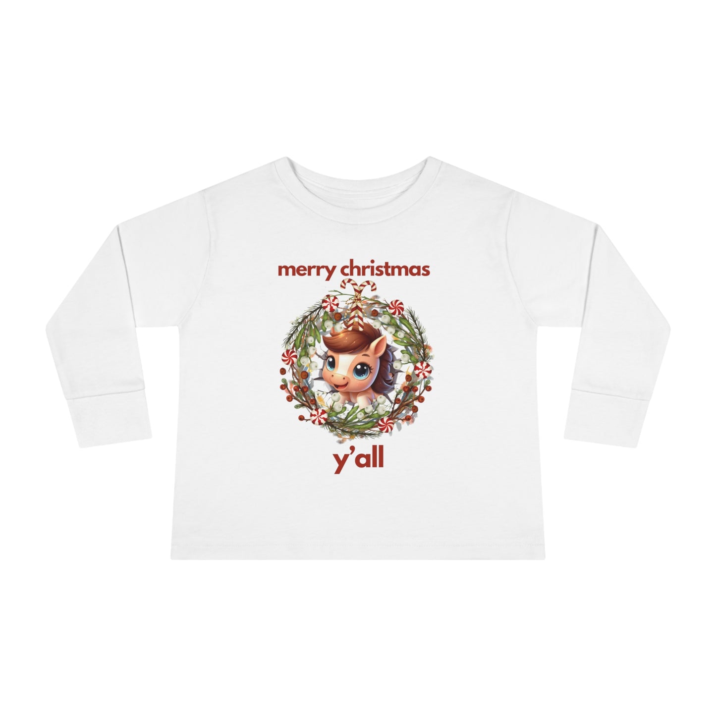 Baby Horse with Wreath Merry Christmas Y'all Toddler Long Sleeve Tee