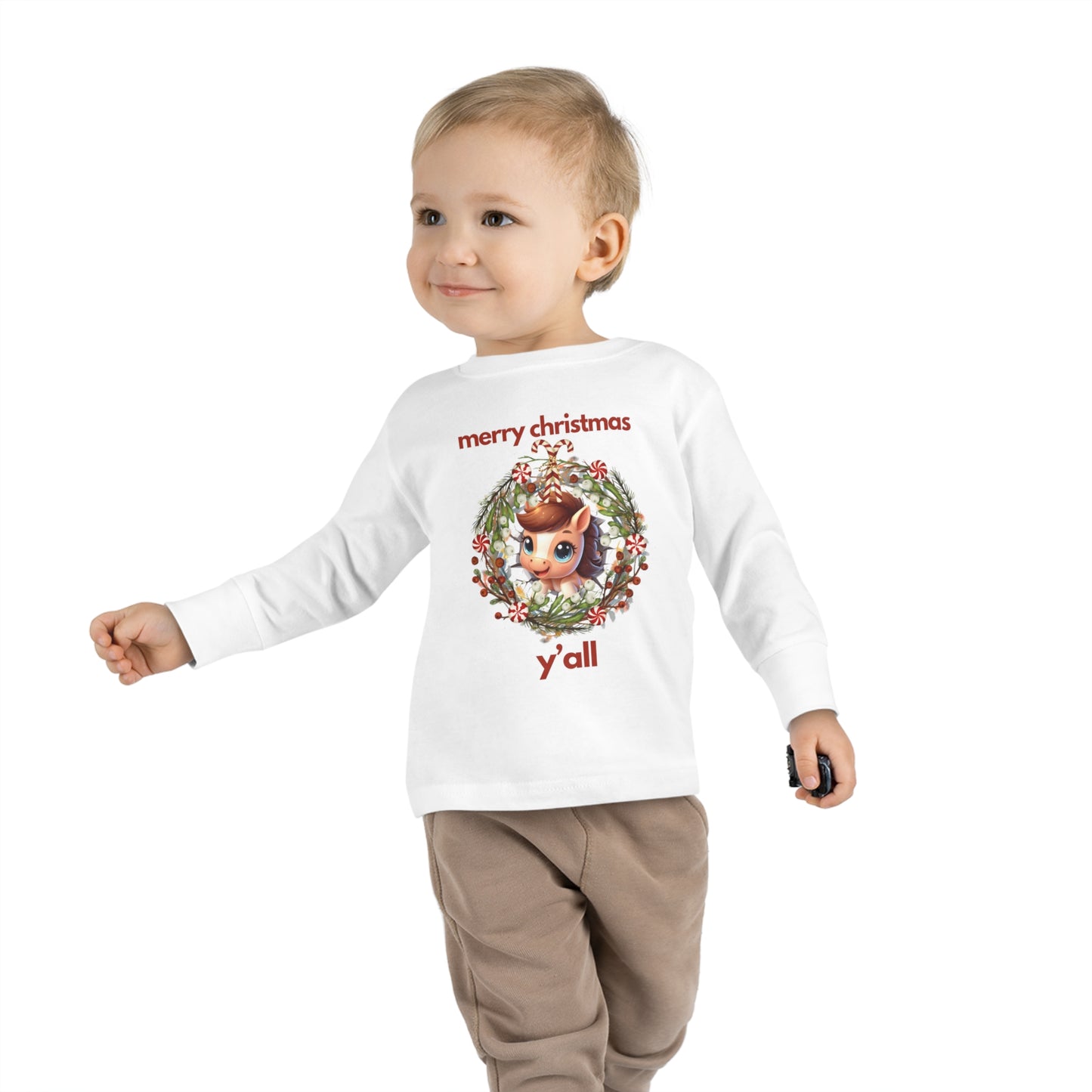 Baby Horse with Wreath Merry Christmas Y'all Toddler Long Sleeve Tee