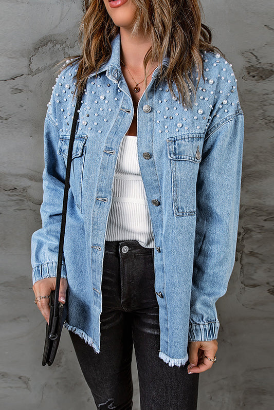 Light Blue Rhinestone Pearls Raw Hem Denim Jacket