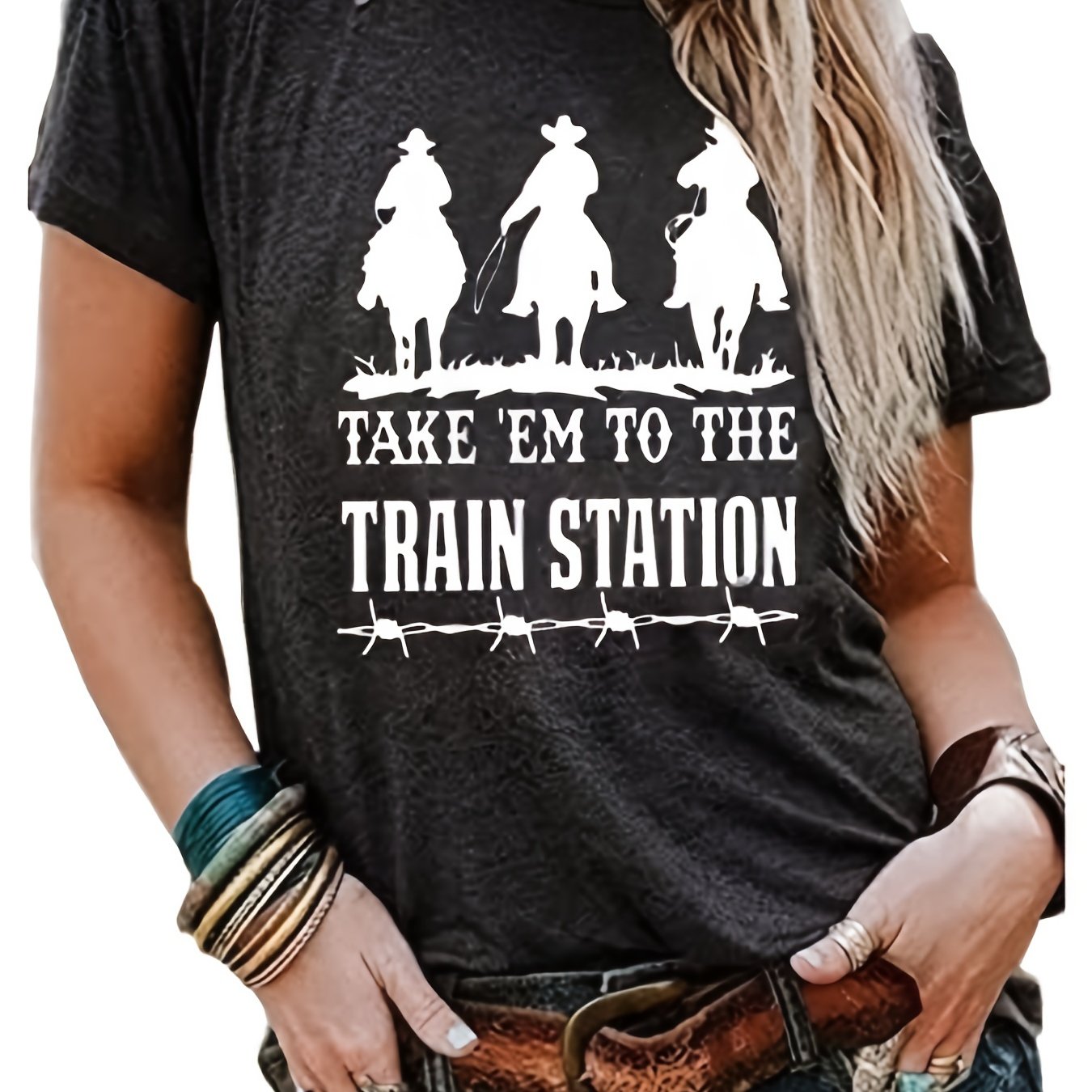 Cowboys Train Station Print T-Shirt, Short Sleeve Western Top For Summer & Spring, Women's Clothing