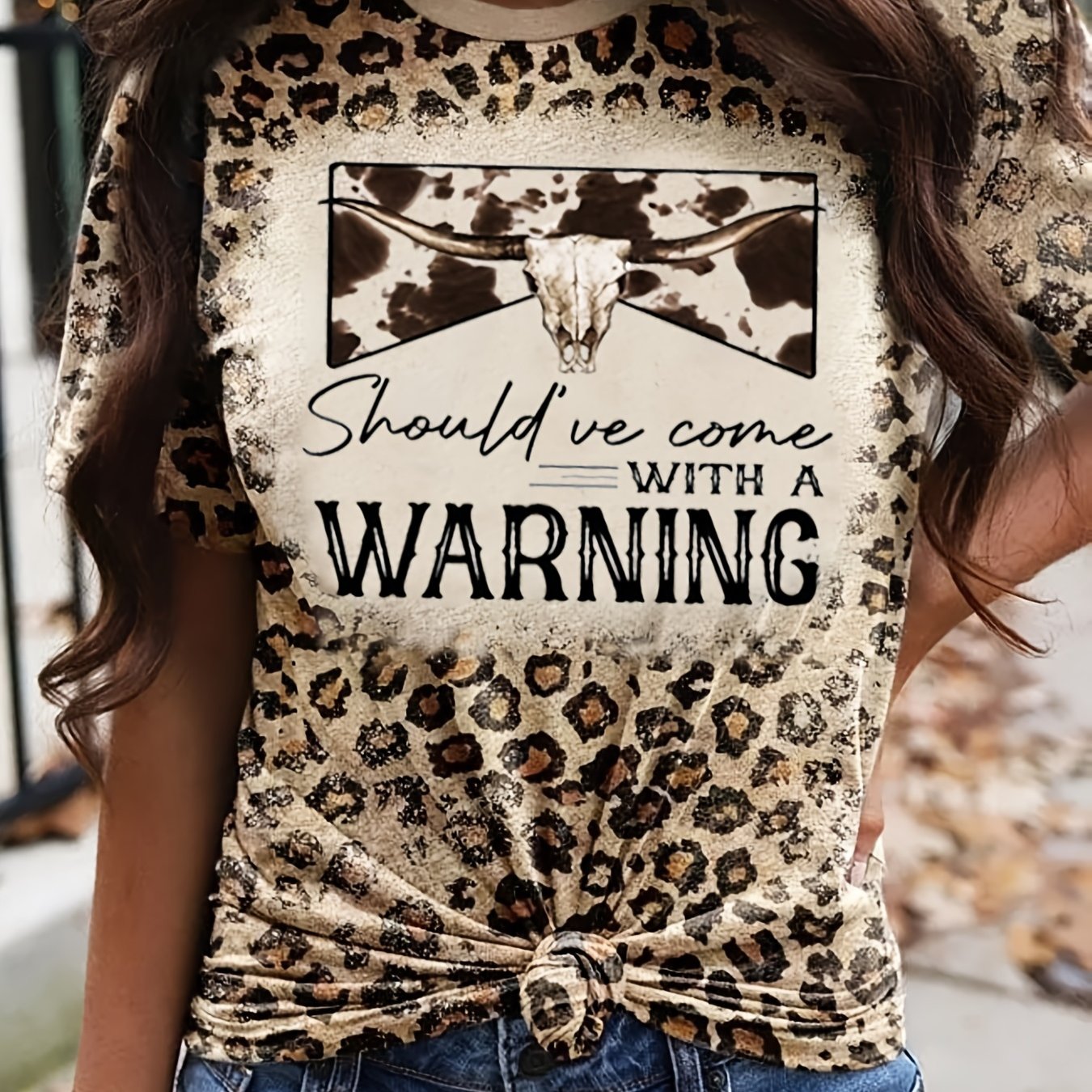 Should've come with warning Leopard Graphic & Letter Print Crew Neck T-shirt, Vintage Western Loose