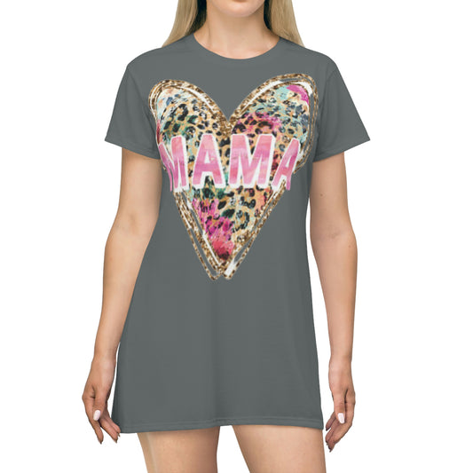 Valentine Mama Dress, Mother's Day Heart Dress, Sleepwear, Mama Nightgown, All Over Print T-Shirt Dress