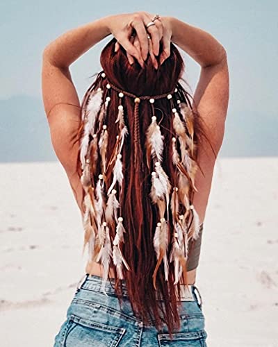 Renaissance Bohemian Feather Hairband Viking...Gypsy Headband with White and Brown Feather Tassel hippie Costume Barbarian Headpiece,steampunk