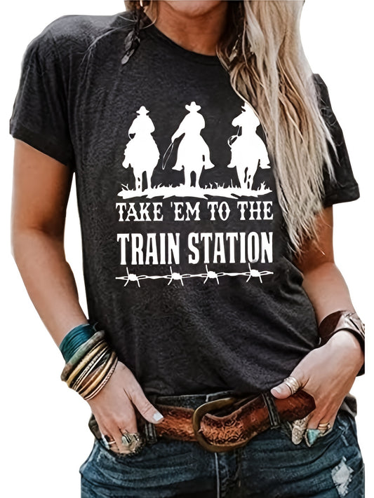 Cowboys Train Station Print T-Shirt, Short Sleeve Western Top For Summer & Spring, Women's Clothing