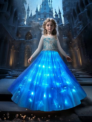 Light Up Snow Costumes Princess Dress Girls Halloween Costumes Little Toddler Ice Clothes Led Ice Christmas Kids Birthday Party Play Outfit Singing Siter Anna Snow Vestido, Blue, 2-3 Years