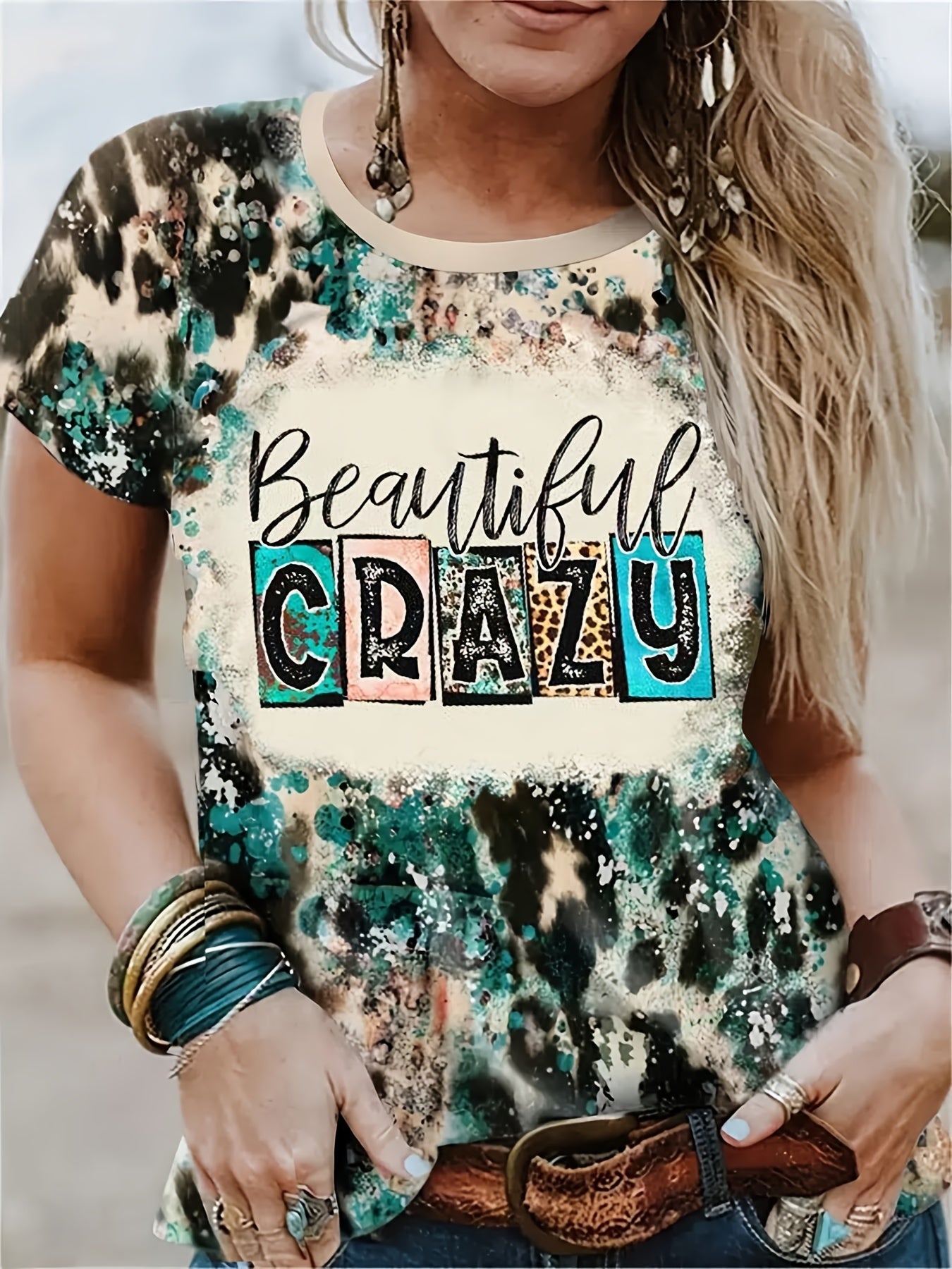 Leopard Letter Print T-shirt, Vintage Crew Neck Short Sleeve Beautiful Crazy T-shirt, Women's Clothing