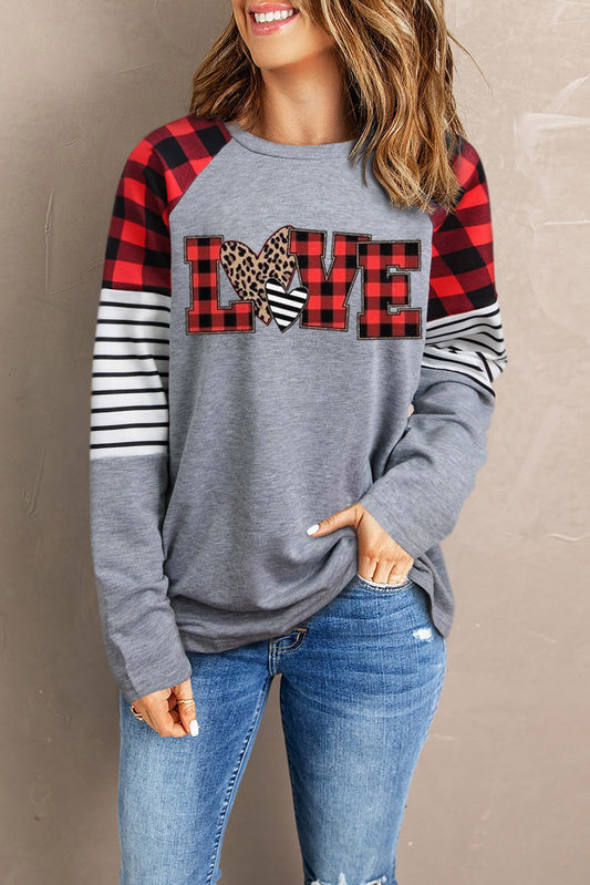 Love Leopard Heart Mixed Print Graphic Raglan Sleeve Top