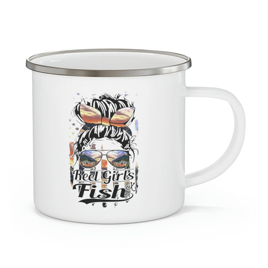 Reel Girls fish mug, Fishing Enamel Camping Mug