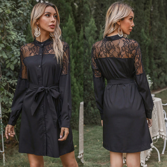 High Collar Long Sleeve Shirt Dress