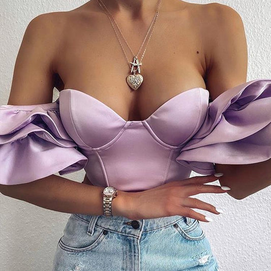 Ruffle Sleeved Off Shoulder Crop Top