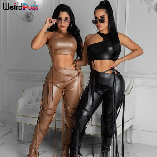 Weird Puss Women Faux Leather Skinny Sling Tracksuit Tops+Pencil Pants Matching Set Asymmetry Solid Slim Chic Streetwear Outfits - Tumble Hills