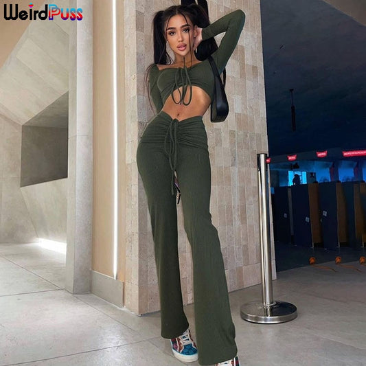 Weird Puss Women Shirring Bandage 2 Piece Set Tracksuit Elastic Skinny Rib Crop Top+Straight Pants Matching Casual Slim Outfits - Tumble Hills