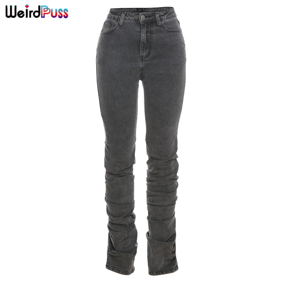 Weird puss Y2K Stacked High Waist Jeans Women Cotton Split