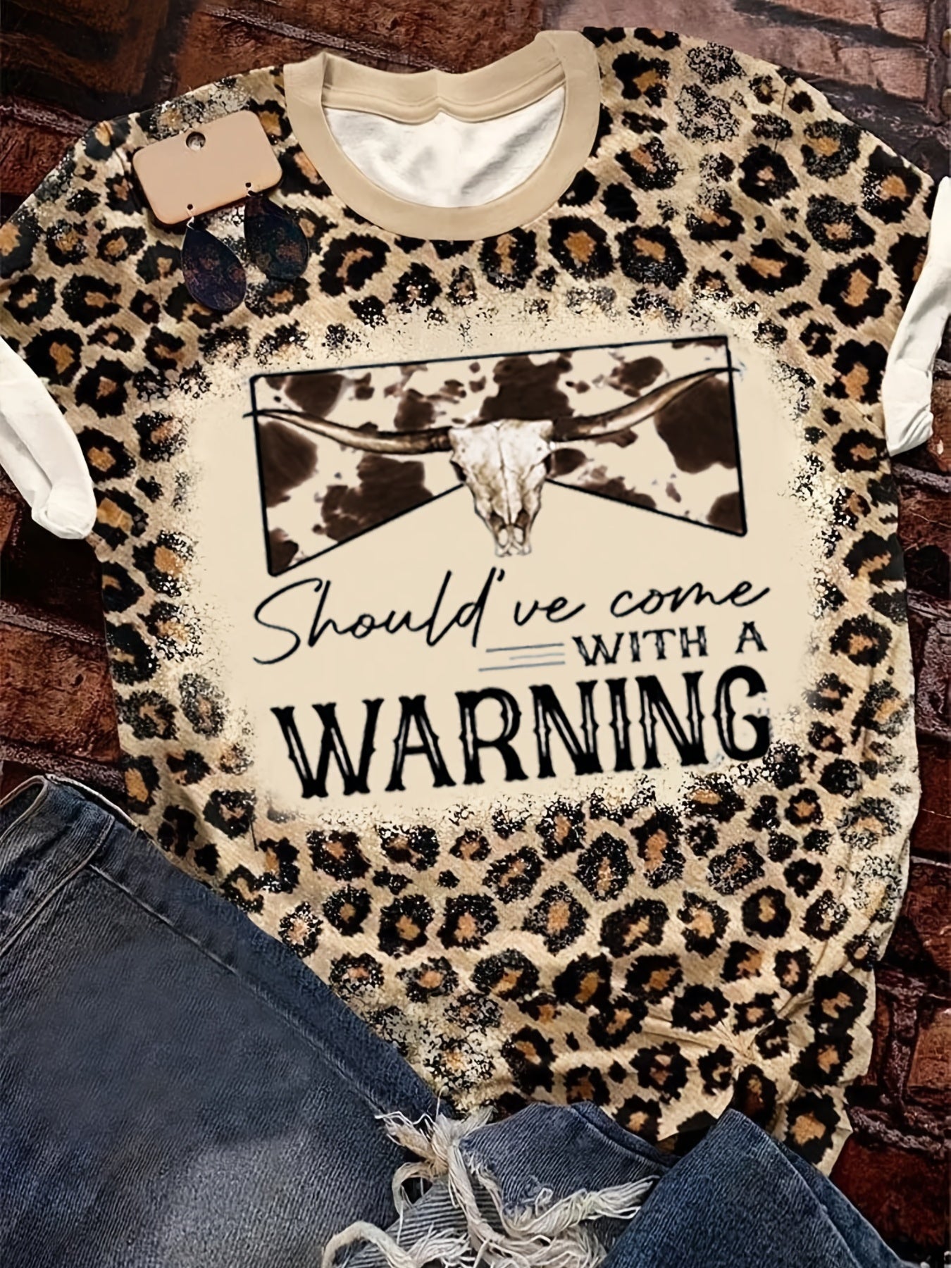 Should've come with warning Leopard Graphic & Letter Print Crew Neck T-shirt, Vintage Western Loose