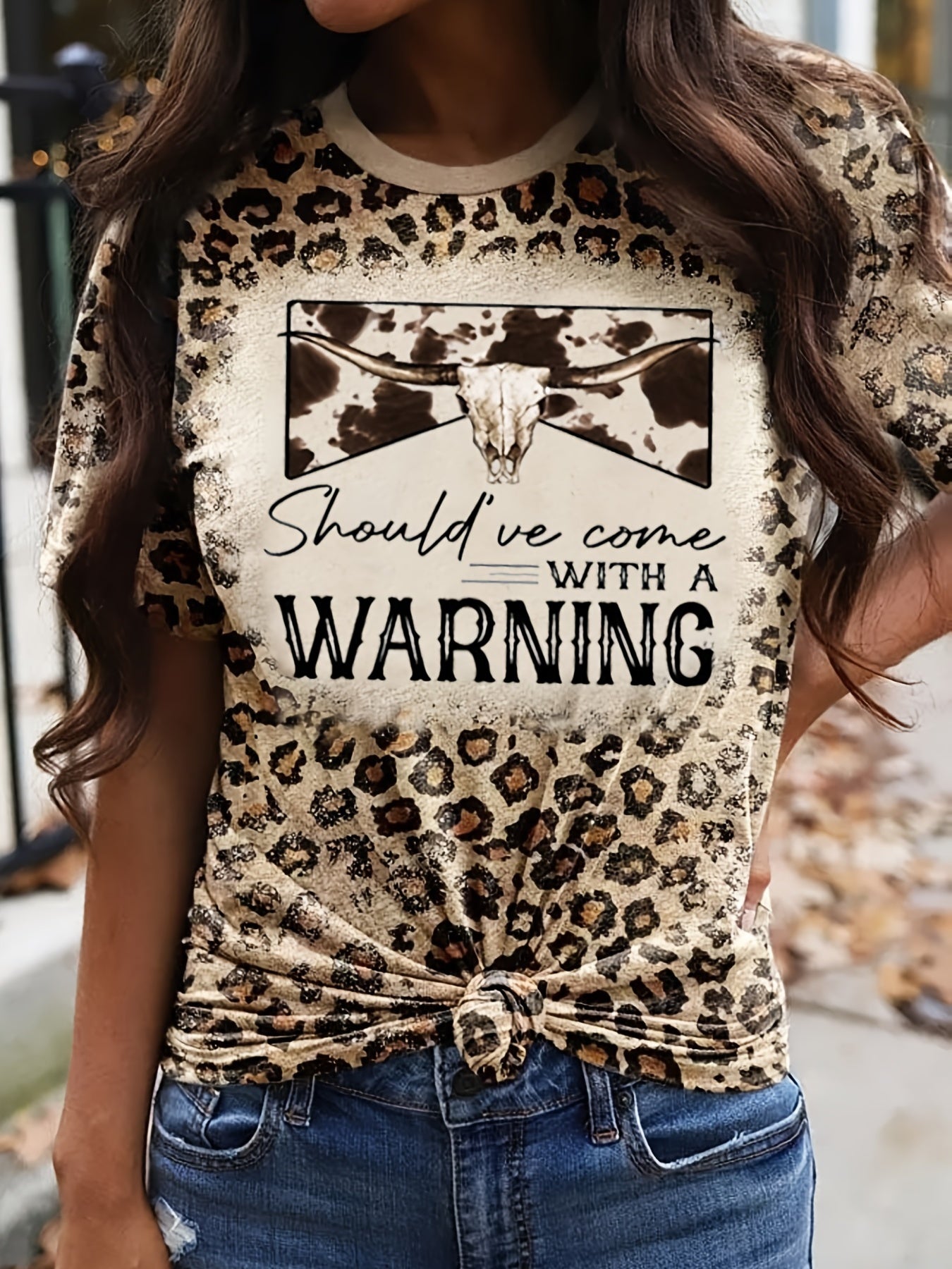 Should've come with warning Leopard Graphic & Letter Print Crew Neck T-shirt, Vintage Western Loose