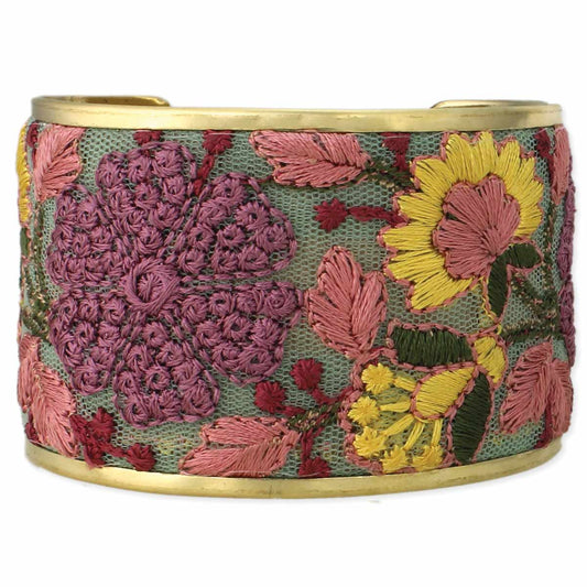 Mesh Pink Flower Embroidered Elegance Cuff Bracelet freeshipping - Tumble Hills